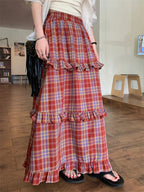 Ruffle Trim Plaid Maxi Skirt Red / One Size