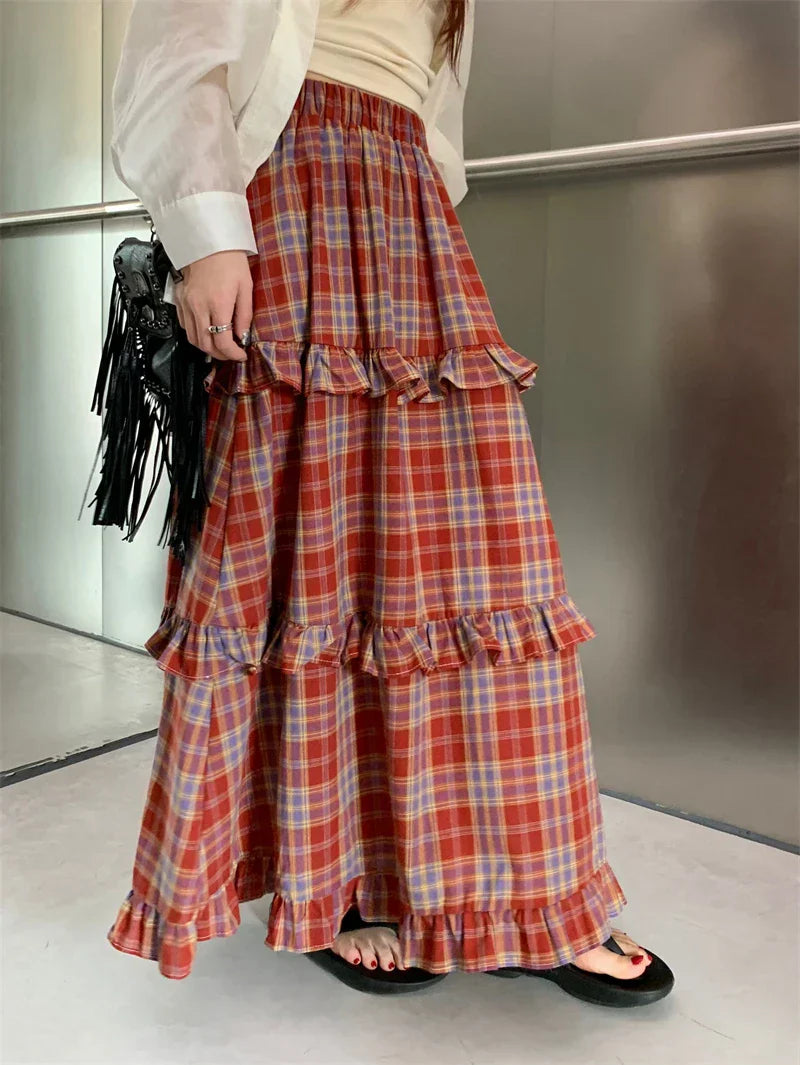 Ruffle Trim Plaid Maxi Skirt Red / One Size