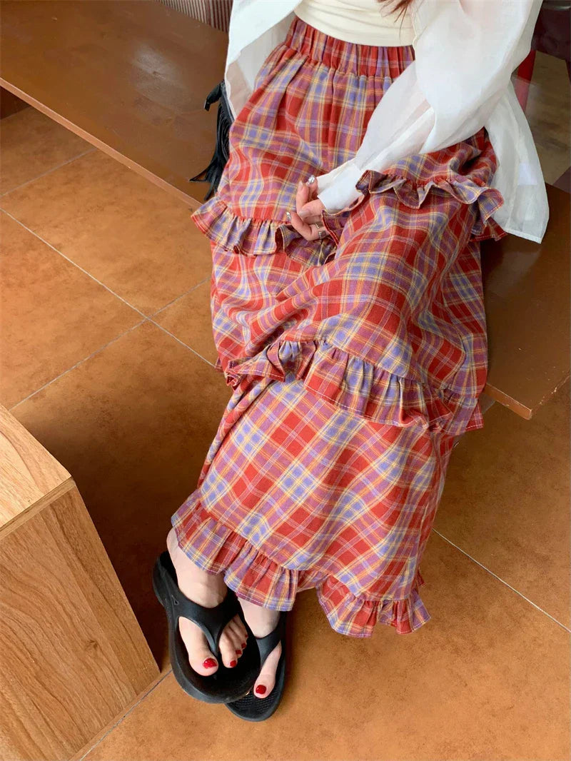 Ruffle Trim Plaid Maxi Skirt Red / One Size