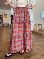 Ruffle Trim Plaid Maxi Skirt Red / One Size