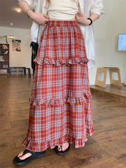 Ruffle Trim Plaid Maxi Skirt Red / One Size