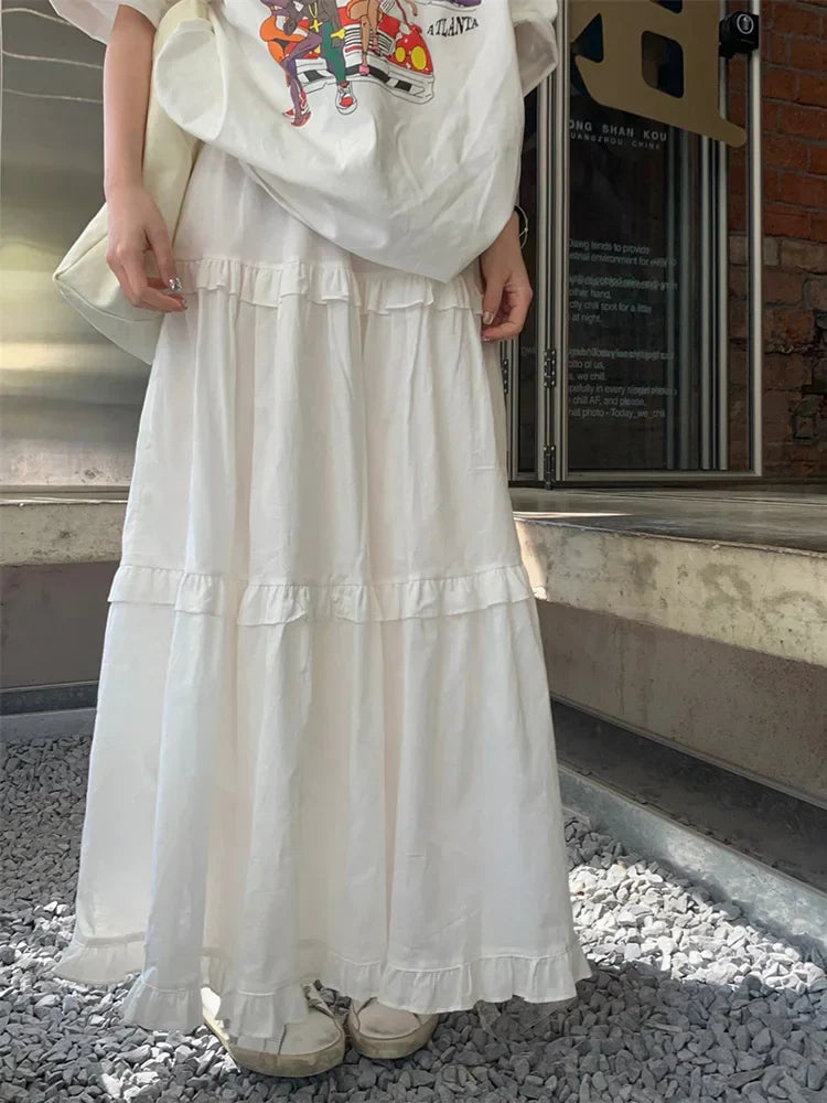 Ruffle Trim White Korean Style Elastic Waist Swing Skirt WHITE / One Size
