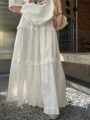 Ruffle Trim White Korean Style Elastic Waist Swing Skirt WHITE / One Size
