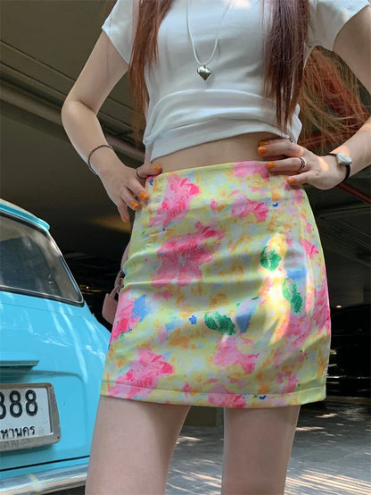 Satin Printed Flower Slim High Waist Mini Skirt