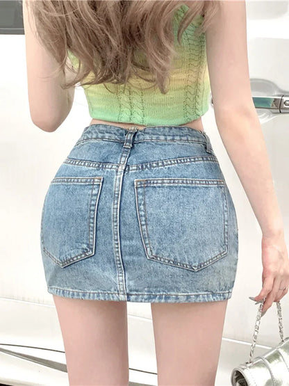 Sexy Low Waist Removable Chain Design Denim Mini Skirt