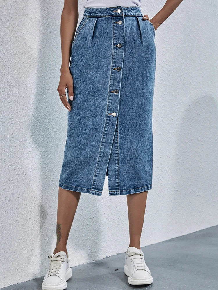 Single Breasted Knee Length Casual Straight Skirt