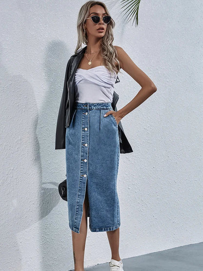 Single Breasted Knee Length Casual Straight Skirt