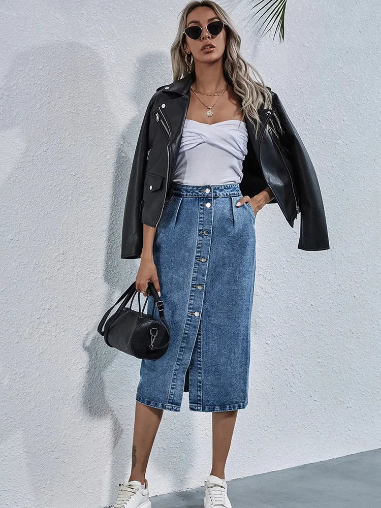 Single Breasted Knee Length Casual Straight Skirt