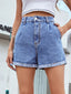 Solid High Waisted Rolled Hem Ladies Denim Shorts Blue / XS