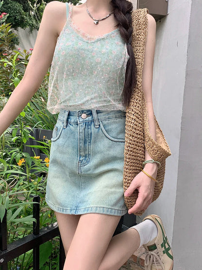 Streetwear High Waist Retro Casual Jean Mini Skirt