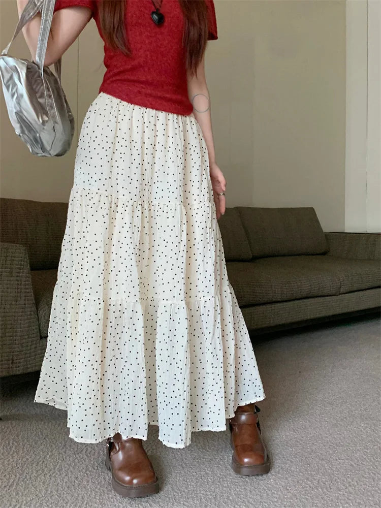 Vintage Polka Dot Holiday Ruffle Hem Long Skirt WHITE / One Size Main image
