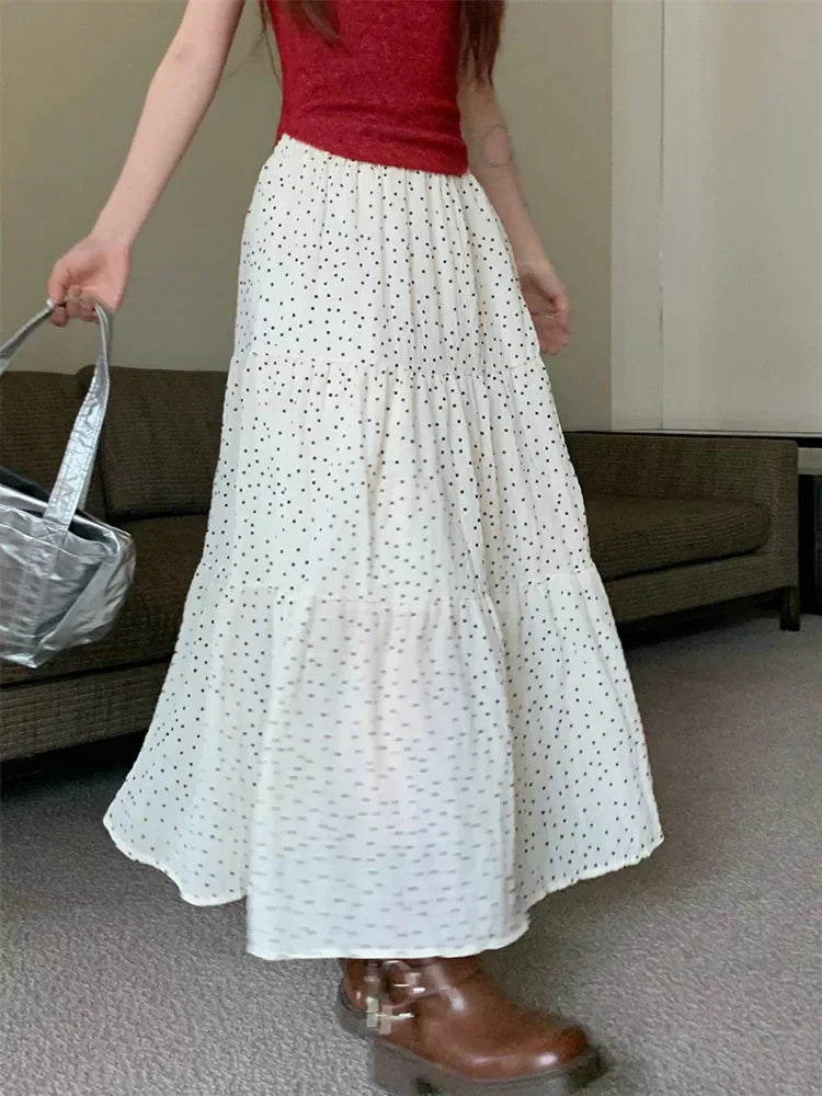 Vintage Polka Dot Holiday Ruffle Hem Long Skirt WHITE / One Size