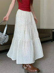 Vintage Polka Dot Holiday Ruffle Hem Long Skirt WHITE / One Size
