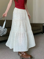 Vintage Polka Dot Holiday Ruffle Hem Long Skirt WHITE / One Size