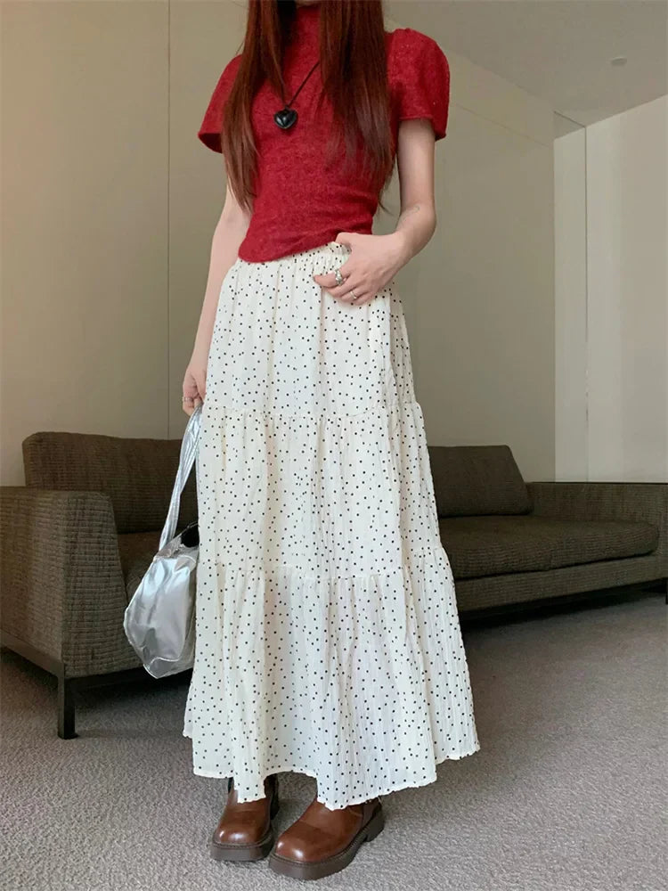 Vintage Polka Dot Holiday Ruffle Hem Long Skirt WHITE / One Size