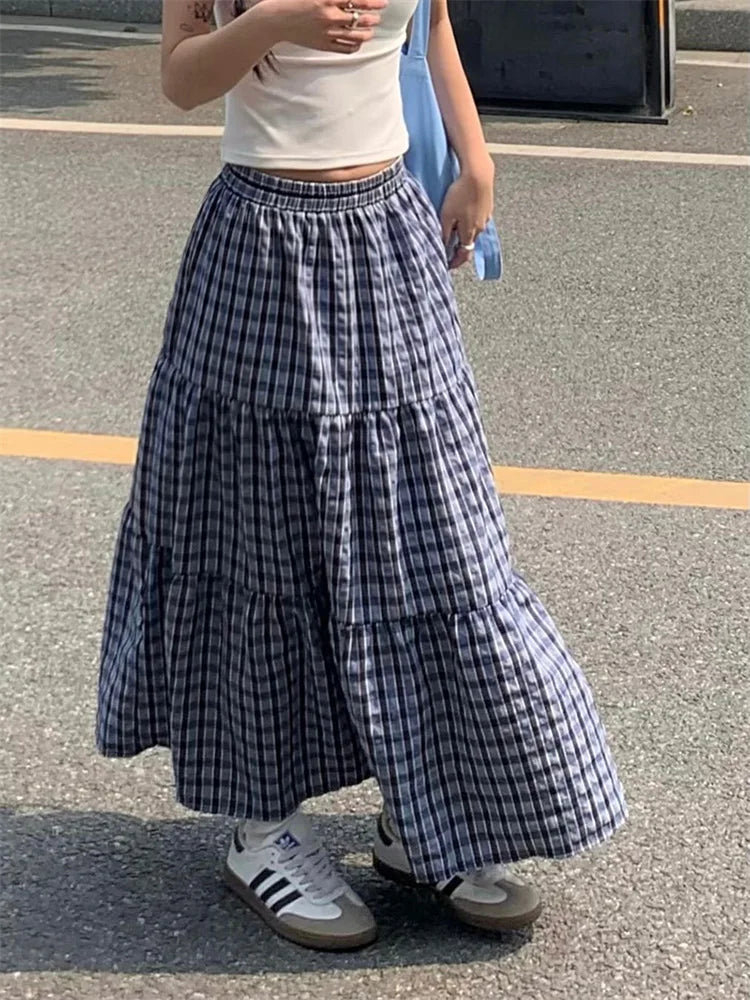 Vintage Ruffled Plaid Elastic Waist A Line Skirt Blue / One Size