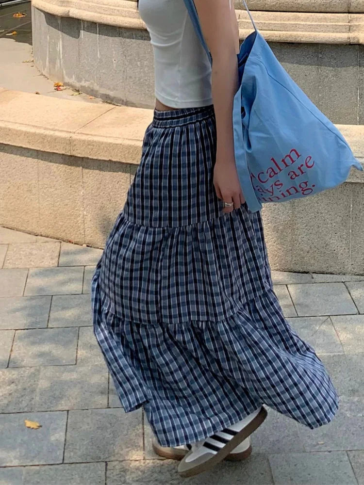 Vintage Ruffled Plaid Elastic Waist A Line Skirt Blue / One Size