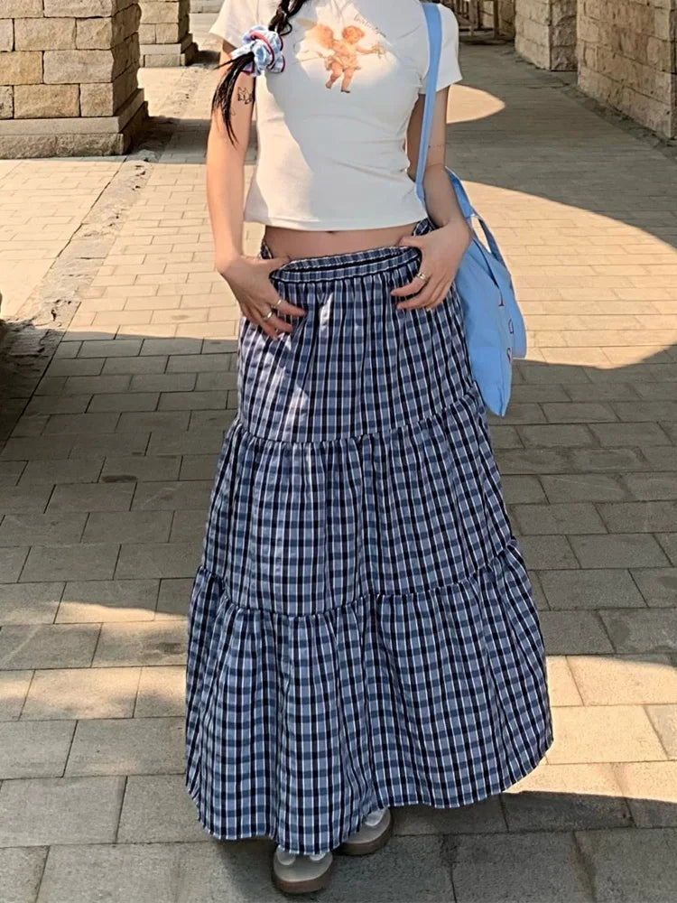 Vintage Ruffled Plaid Elastic Waist A Line Skirt Blue / One Size