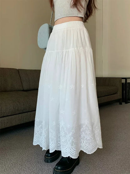 White Hollow out Embroidered Vintage Swing Long Skirt