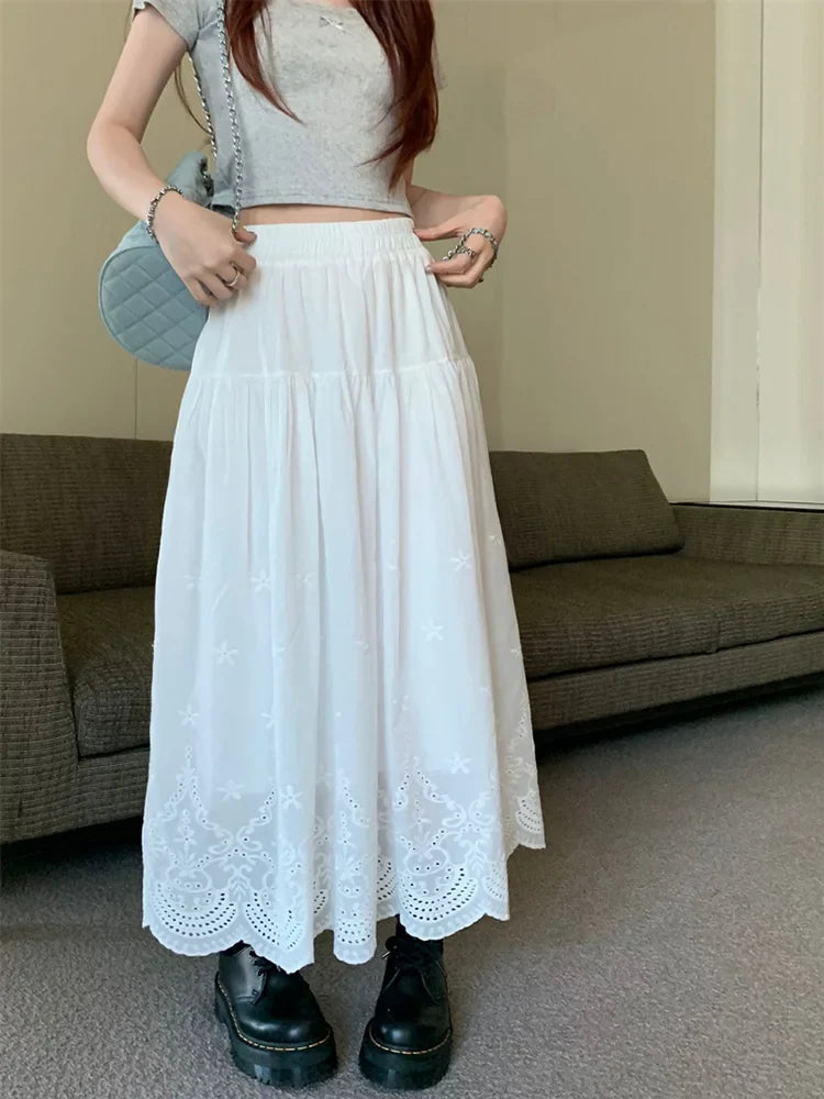 White Hollow out Embroidered Vintage Swing Long Skirt