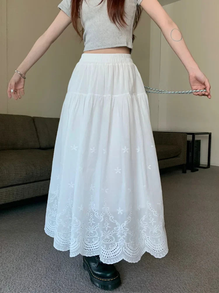 White Hollow out Embroidered Vintage Swing Long Skirt