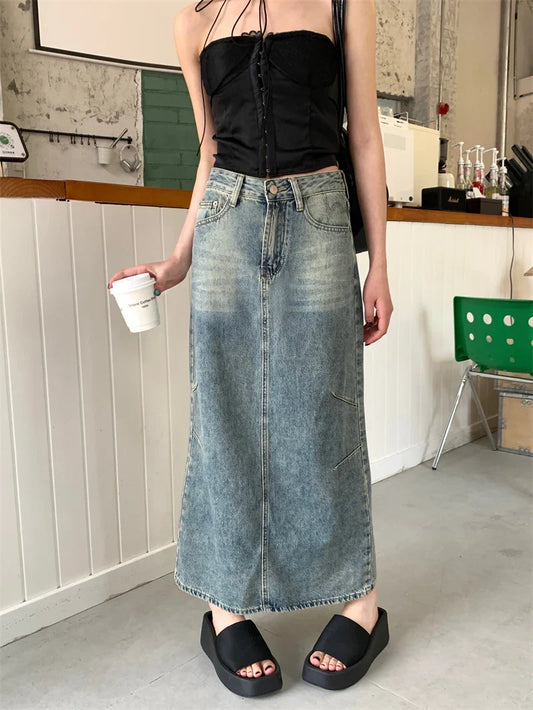 Street Retro Split High Waist Casual Denim Skirt