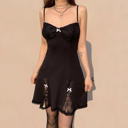 Black Gothic Lolita Style Lace Trim Sleeveless V Neck Bow Y2K Grunge Mini A-Line Dress