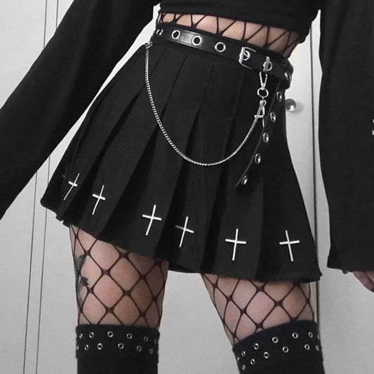 Black High Waist Pleated Cross Print Gothic Skirt