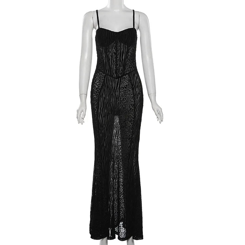 Sultry Black Leopard Mesh Backless Summer Sleeveless Bodycon Maxi Dress