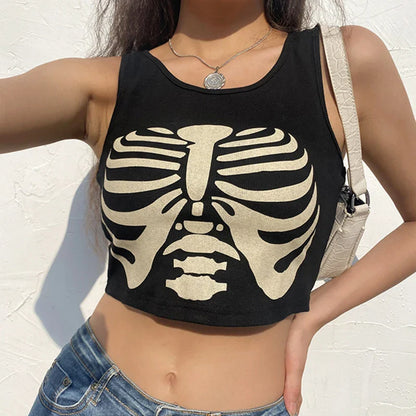 Black Print Grunge Summer Punk Head Goat Goth Knitted Sexy Sleeveless Crop O-neck Top