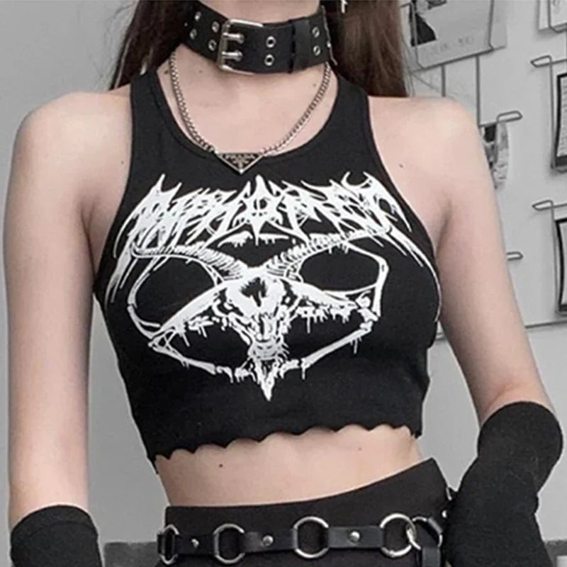 Black Print Grunge Summer Punk Head Goat Goth Knitted Sexy Sleeveless Crop O-neck Top