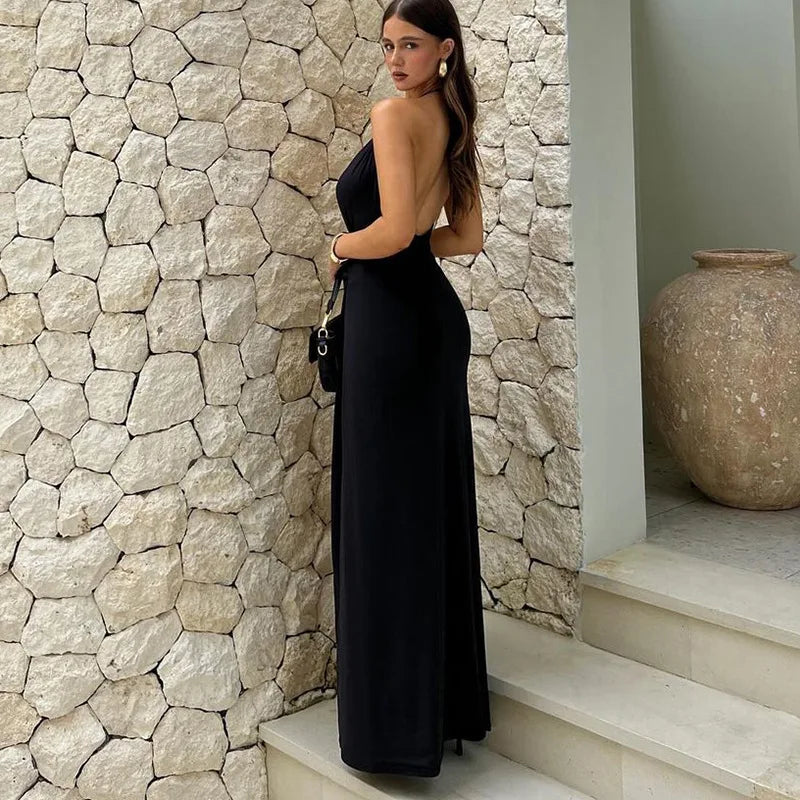 Black and White Patchwork Summer Sexy Halter Deep V-neck Slim Elegant Backless Slit Maxi Dress