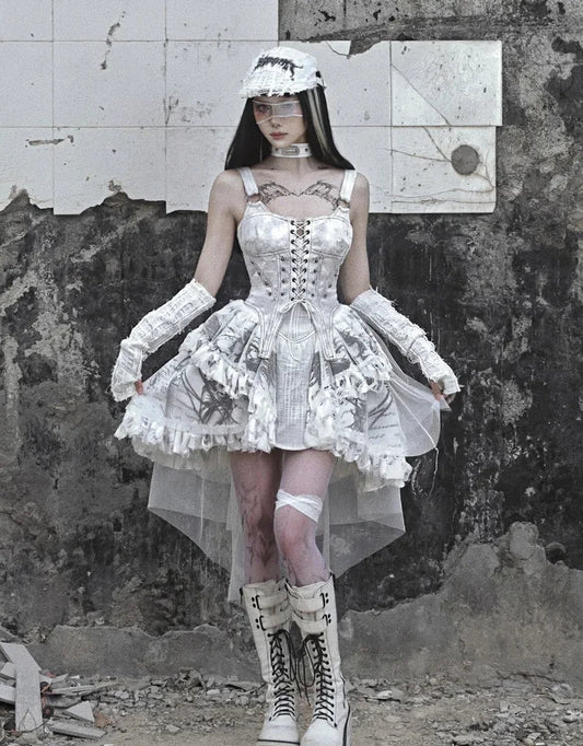 Original Punk Madhouse Gothic Print Lolita Trailing Suspender Light Dress Niche Vintage Dress