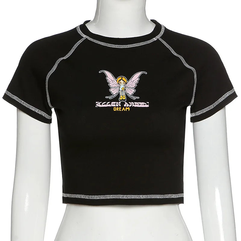 Sexy V neck Polo Neck Short Sleeve Tee Black / S