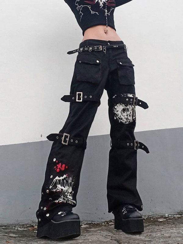 Buckle Strap Printed Cargo Jeans Black / S Cargo Jeans Main image