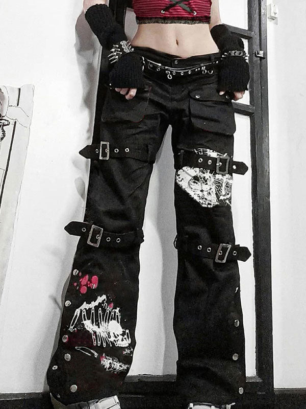 Buckle Strap Printed Cargo Jeans Cargo Jeans