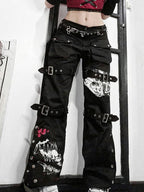 Buckle Strap Printed Cargo Jeans Cargo Jeans