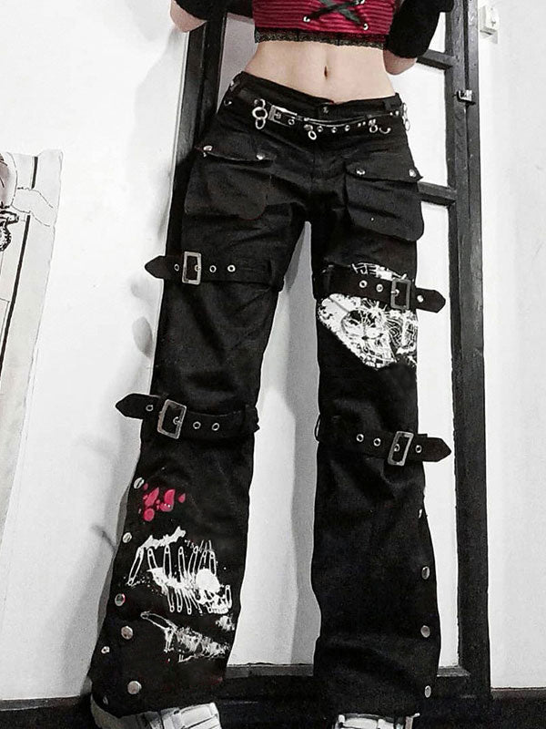 Buckle Strap Printed Cargo Jeans Cargo Jeans
