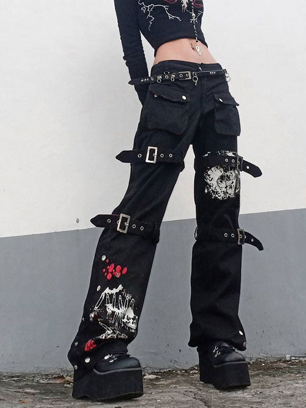Buckle Strap Printed Cargo Jeans Cargo Jeans
