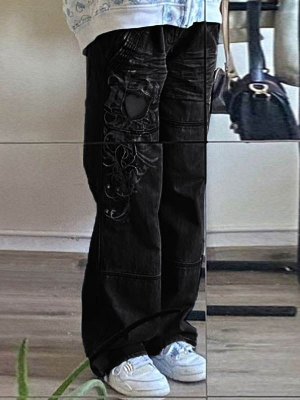 Washed Heart Pattern Cargo Jeans Cargo Jeans