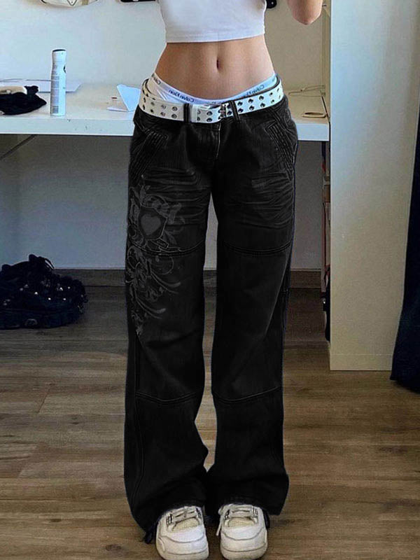 Washed Heart Pattern Cargo Jeans Black / S Cargo Jeans