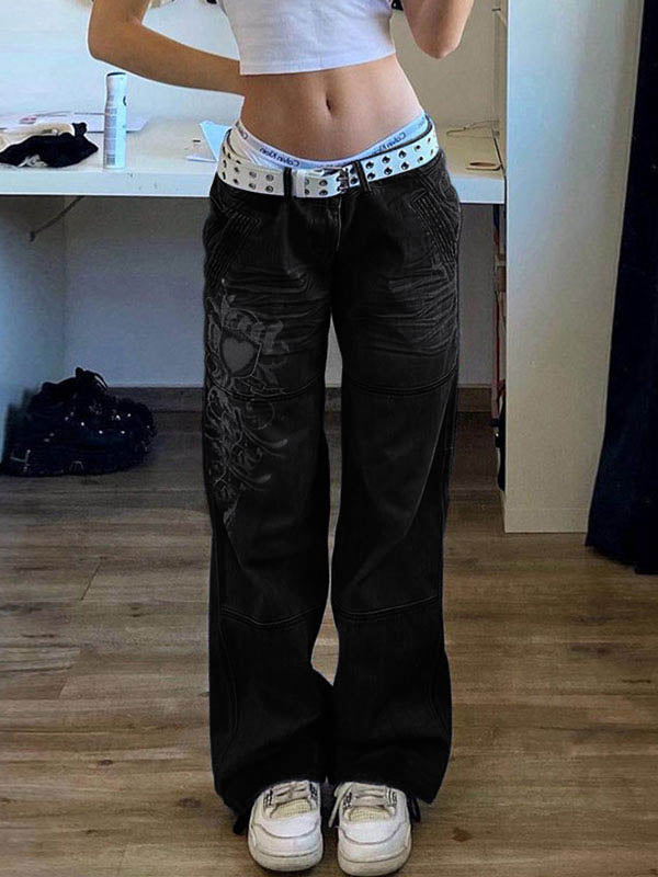 Washed Heart Pattern Cargo Jeans Cargo Jeans