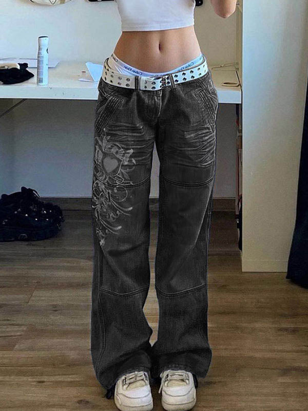 Washed Heart Pattern Cargo Jeans Grey / S Cargo Jeans
