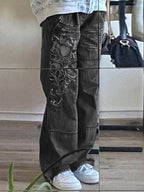 Washed Heart Pattern Cargo Jeans Cargo Jeans