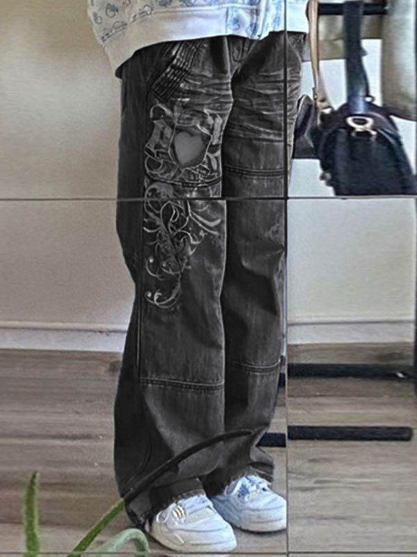 Washed Heart Pattern Cargo Jeans Cargo Jeans