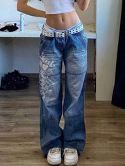 Washed Heart Pattern Cargo Jeans Blue / S Cargo Jeans