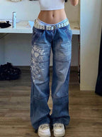 Washed Heart Pattern Cargo Jeans Cargo Jeans