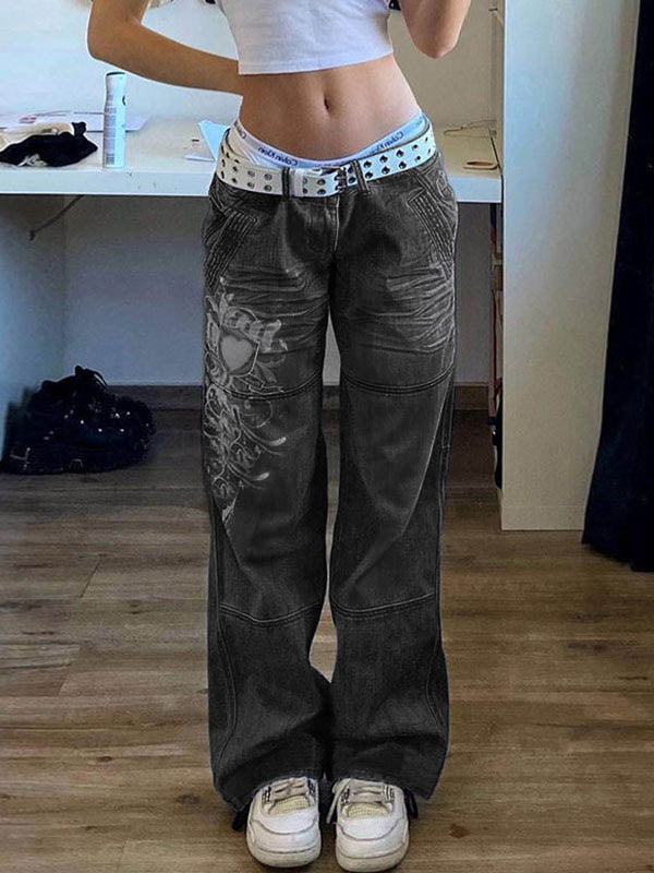 Washed Heart Pattern Cargo Jeans Cargo Jeans
