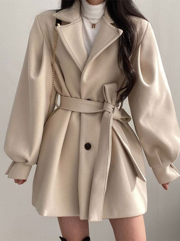 Puff Sleeve Belted Woolen Coat Apricot / S Coat Main image