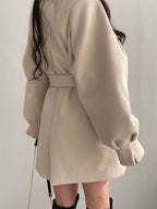 Puff Sleeve Belted Woolen Coat Coat